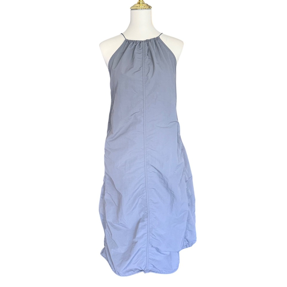 Zara Gray Blue Nylon Halter Midi Parachute Dress Toggle Back Womens Size Medium